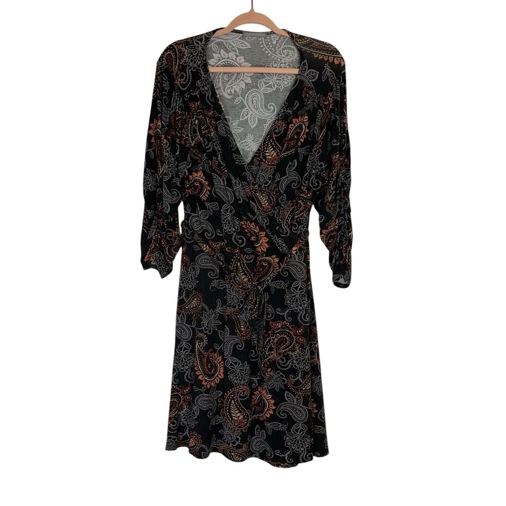 Loveappella Black Paisley Print Faux Wrap Dress Women's Size XLP Petite